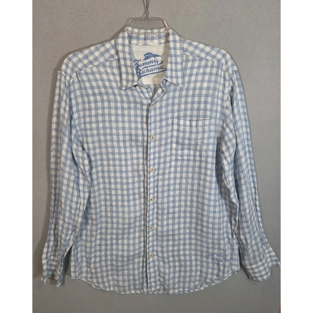 Tommy Bahama Relax Mens L White Blue Plaid 100% Linen Long Sleeve Shirt